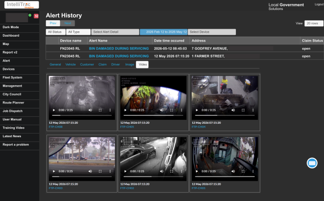 Hawk Local Government alert history showing bin damage alerts and multi-camera vehicle CCTV video evidence.