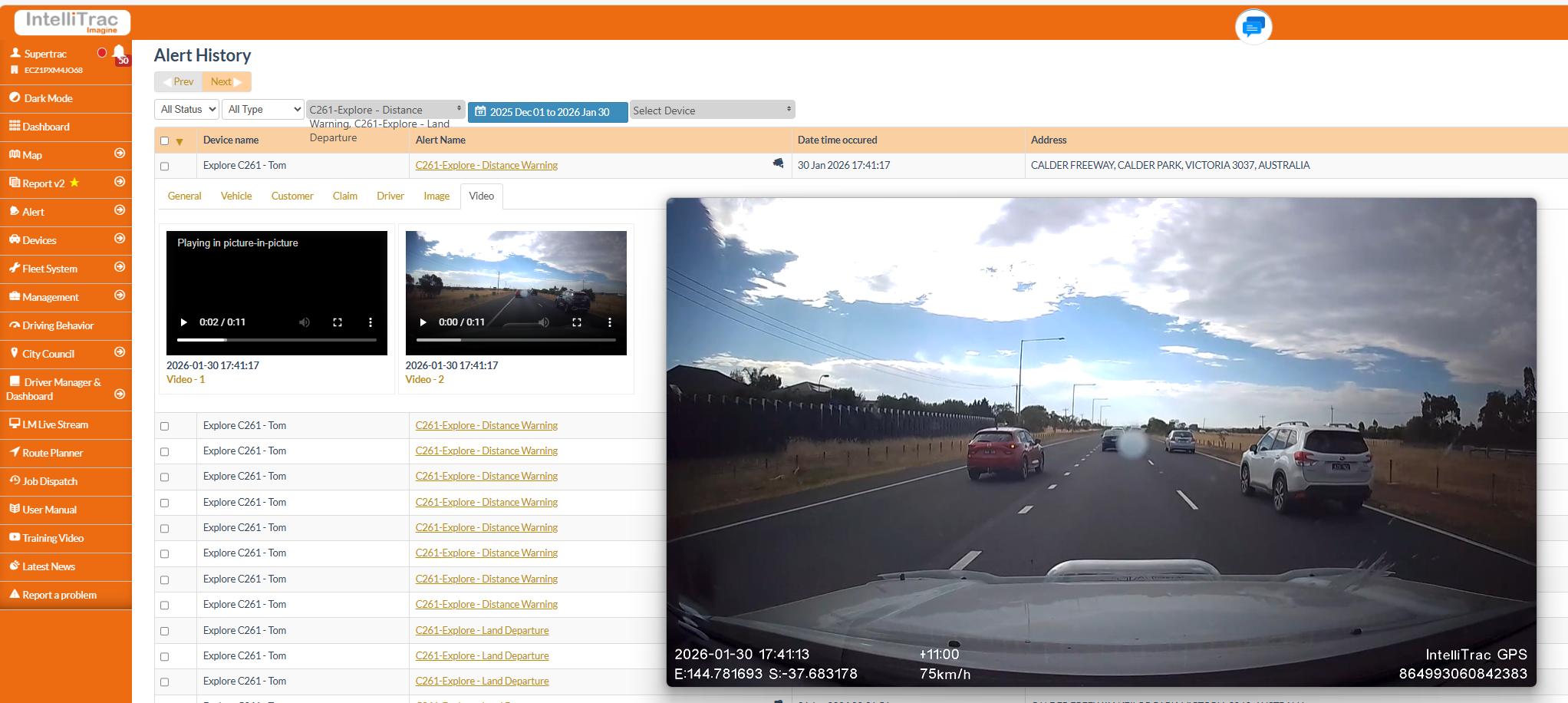 Hawk dashcam software alert history with video evidence review.