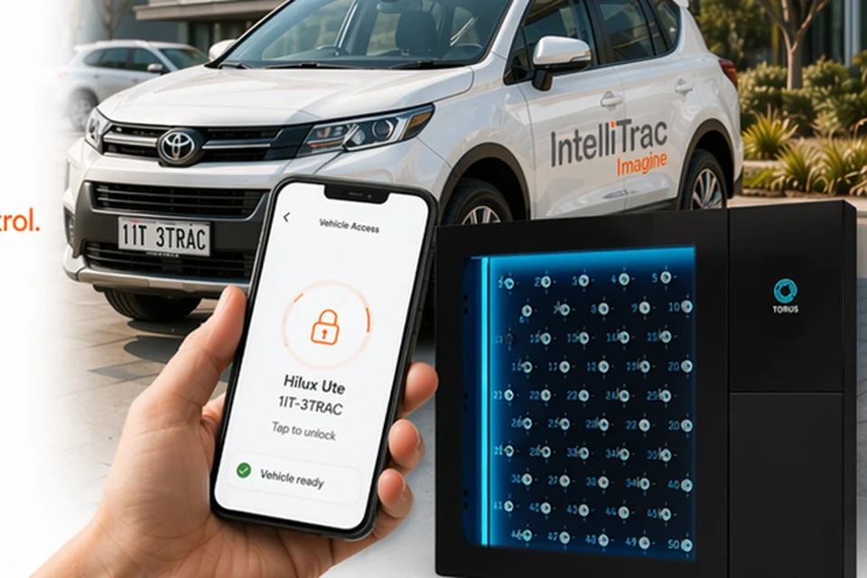 Shared vehicle access with phone unlock and electronic key cabinet.