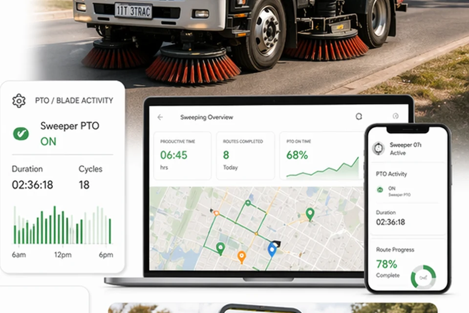 Street sweeper with route progress, PTO activity and service delivery dashboard.