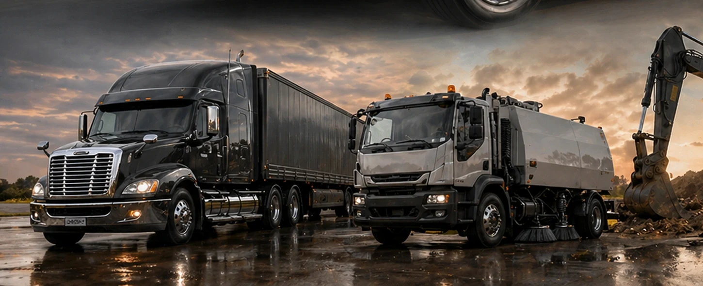 Prime mover and heavy transport vehicles representing truck telematics operations.